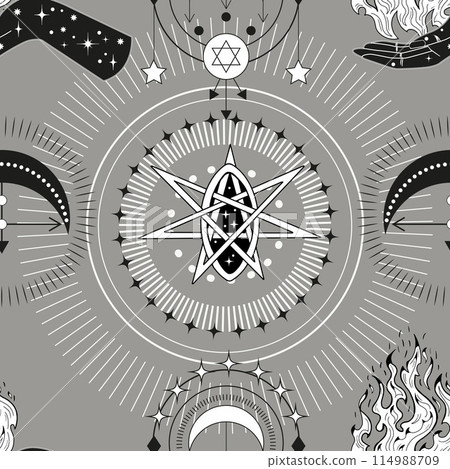 Seamless pattern with hands of fortune teller, pentagram and mystical symbols. Tattoo, poster or altar print design concept; esoteric, wicca and gothic background 114988709