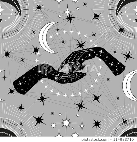 Seamless pattern with hands of fortune teller, crescent and mystical symbols. Tattoo, poster or altar print design concept; esoteric, wicca and gothic background Seamless pattern with hands of fortune teller, crescent and mystical symbols. Tattoo, poster or altar print design concept; esoteric, wicca and gothic background 114988710