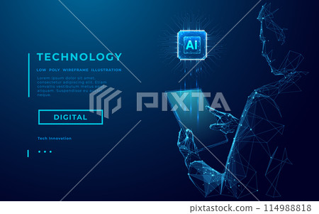 Abstract wireframe man holding tablet with AI chip hologram.  114988818