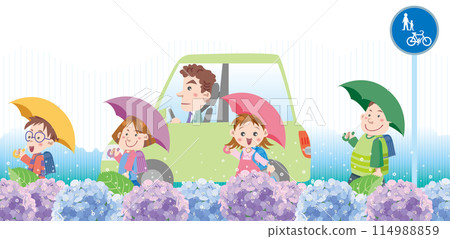 交通安全<雨天汽車和小學生上下學的圖片/交通圖> 114988859