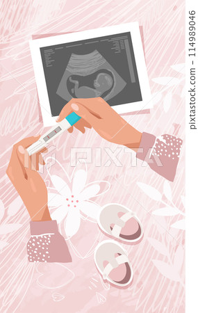 Maternity and pregnancy card, woman holding positive pregnancy test, modern collage, vector illustration. 114989046