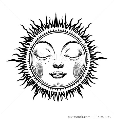 Mystical sun or moon with closed eyes, celestial astrology logo, Boho zodiac icon, Tarot. Magic vector outline hand drawn tattoo isolated on white background. 114989059