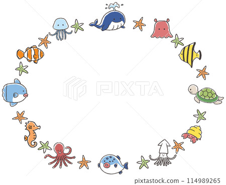 Cute sea creatures and fish hand-drawn frame illustration 114989265