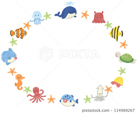 可愛的海洋生物/魚的手繪框架插圖 114989267