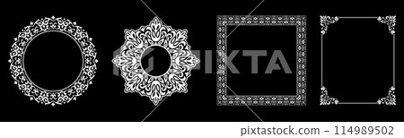 Set of decorative frames Elegant vector element for design in Eastern style, place for text. Floral black and white borders. Lace illustration for invitations and greeting cards. 114989502
