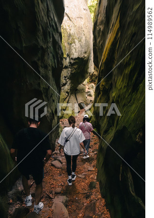 happy friends hiking walking in canyon happy friends hiking walking in canyon 114989562