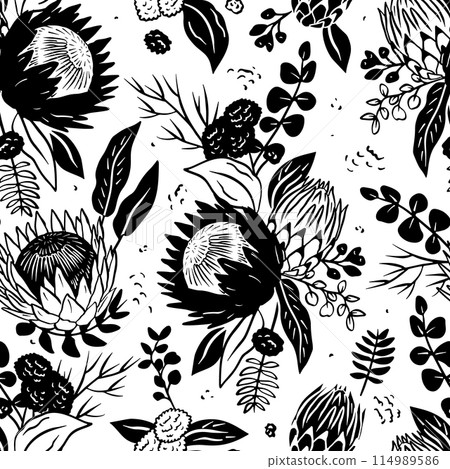 Black and white seamless pattern with line art protea flowers on white background Black and white seamless pattern with line art protea flowers on white background 114989586