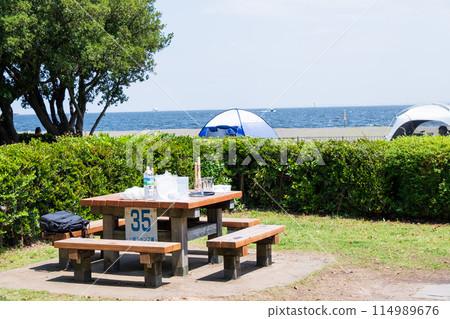 Campsite bench with ocean view 114989676