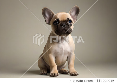 A cute French bulldog sitting on the ground unhappy 114990056