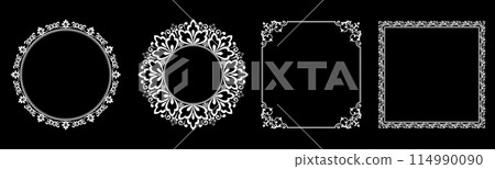Set of decorative frames Elegant vector element for design in Eastern style, place for text. Floral black and white borders. Lace illustration for invitations and greeting cards. Set of decorative frames Elegant vector element for design in Eastern style, place for text. Floral black and white borders. Lace illustration for invitations and greeting cards. 114990090