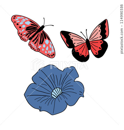 Two butterflies and petunia flower set flat design 114990386