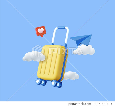 3d suitcase flying on the sky with heart icon 114990423