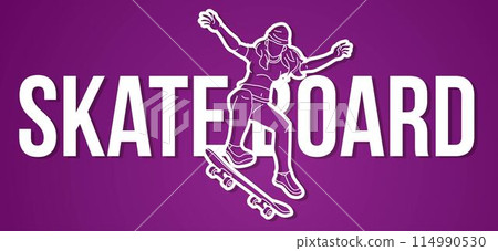 Skateboard Text Designed with Female Player Cartoon Extreme Sport Graphic Vector Skateboard Text Designed with Female Player Cartoon Extreme Sport Graphic Vector 114990530