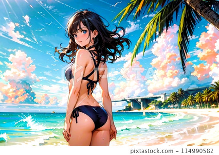 海邊時尚比基尼女人的後視圖 海邊時尚比基尼女人的後視圖 114990582