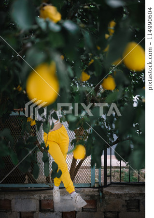 Young woman in yellow pants standing under lemon tree Young woman in yellow pants standing under lemon tree 114990604