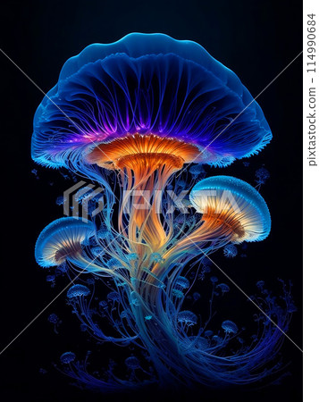 Fantasy Illustration of a Blue Lightening Jellyfish Shaped Mushroom in Black Background. Glowing Undervater Animal in Ocean Concept Design for Nature or Marine Banner, Poster, Card. Ai Generated. 114990684