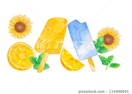 Watercolor illustration of orange and soda popsicles 114990691