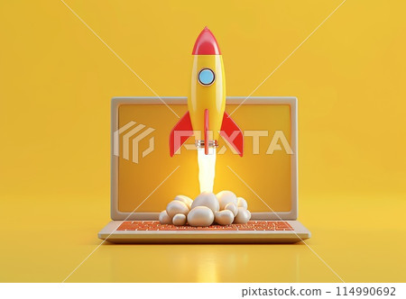 Startup idea. Launch of spaceship and 3d rocket from notebook display. Business technology. Creative marketing and success. Clear yellow background 114990692
