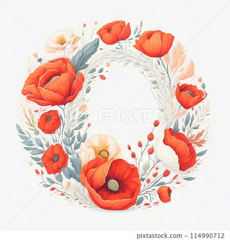Wildflower Wreath in a Watercolor Style with Red Summer Flower and Green Leaf on White Background. Vintage Aquarelle Poppy Flower for Invitation, Frame or Cover. AI Generated Illustration. 114990712