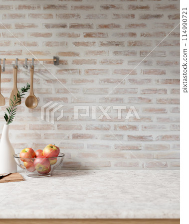 A showcasing space on a white marble tabletop against the brick wall in a Scandinavian kitchen. 114990721