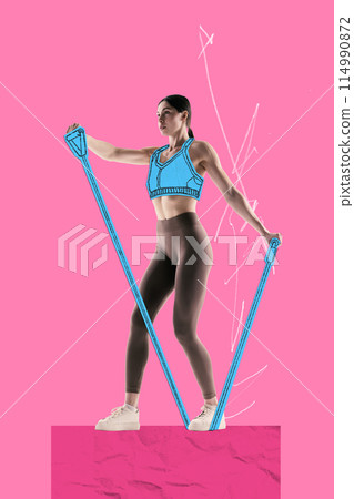 Poster. Contemporary art collage. Drawing artwork. Young athletic woman doing exercises with painted resistance band dressed sketched top 114990872