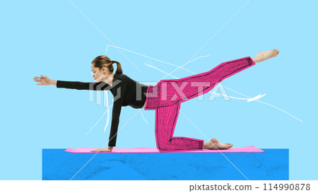 Poster. Contemporary art collage. Drawing artwork. Fit woman doing exercises dressed sketched leggings against painted background. 114990878