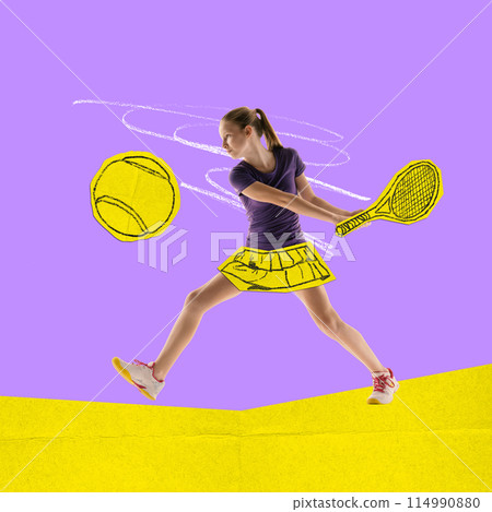 Poster. Contemporary art collage. Drawing artwork. Teen girl playing tennis dressed painted attire and equipment. 114990880