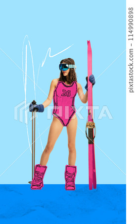 Poster. Contemporary art collage. Drawing artwork. Skier in pink sketched bodysuit and boots, holding skis and poles. Poster. Contemporary art collage. Drawing artwork. Skier in pink sketched bodysuit and boots, holding skis and poles. 114990898
