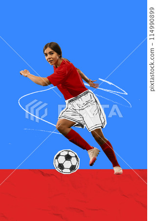 Poster. Contemporary art collage. Drawing artwork. Young female football player dressed sketched shorts kicking painted ball. Poster. Contemporary art collage. Drawing artwork. Young female football player dressed sketched shorts kicking painted ball. 114990899