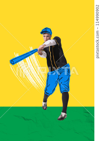 Poster. Contemporary art collage. Drawing artwork. Baseball player with sketched blue shorts, hat, and bat against painted backdrop Poster. Contemporary art collage. Drawing artwork. Baseball player with sketched blue shorts, hat, and bat against painted backdrop 114990902