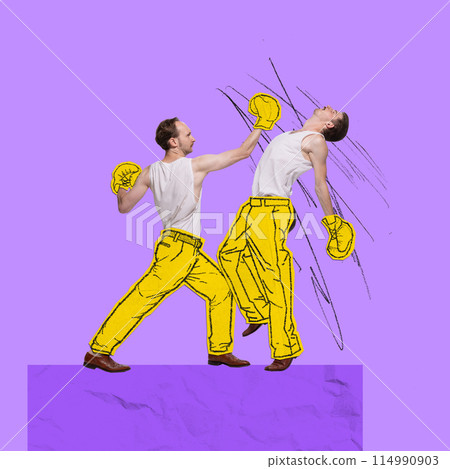 Poster. Contemporary art collage. Drawing artwork. Fight between two sportsman, dressed sketched sports attire who boxing. 114990903