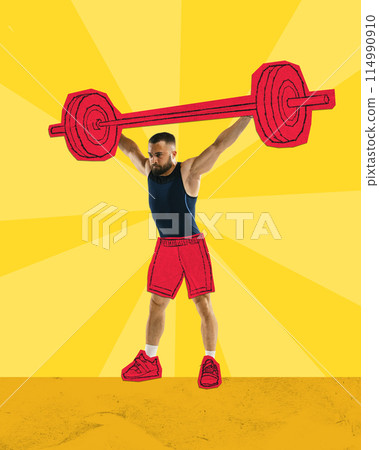 Poster. Contemporary art collage. Drawing artwork. Athletic man, weightlifter training with painted barbell in comfortable sketched outfit. Poster. Contemporary art collage. Drawing artwork. Athletic man, weightlifter training with painted barbell in comfortable sketched outfit. 114990910
