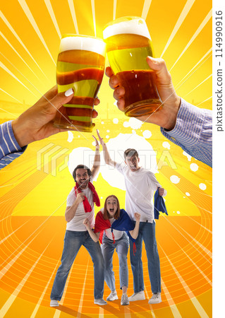Emotional people sport fans shouting and cheering favorite soccer team against bright yellow background with hands clinking beer glasses. 114990916