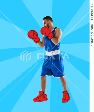 Poster. Contemporary art collage. Drawing artwork. Athlete male model dressed as boxer with sketched gloves and sneakers. 114990917