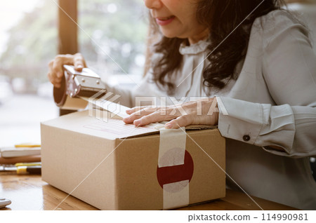 A mature Asian female online seller packing a shipping cardboard box, using a packing tape dispenser A mature Asian female online seller packing a shipping cardboard box, using a packing tape dispenser 114990981