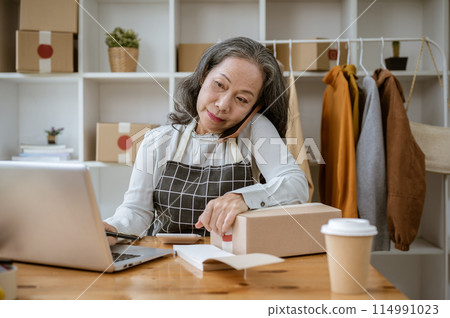 A focused female online clothes seller is talking on the phone while working in her studio. 114991023