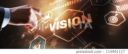 Vision. Business people and modern city on background. Virtual screen 114991117