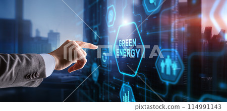 Businessman clicks Green eco energy icons. Reducing environmental risks 114991143