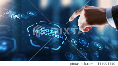 Cost reduction business finance concept. Businessman clicks virtual screen 114991150