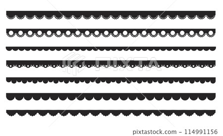 Scalloped edge border frilly stroke divider black silhouette stripe, tape collection isolated on white background. Traditional simple ornament with circles, embroidery ribbon. 114991156