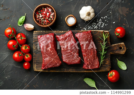 Beef raw meat, black stone background, spices, tomatoes, herbs. Top view Banner. Fresh red meat with pepper, salt for grilling on dark cutting board. Prime fillet. Food magazine style. Chief menu BBQ 114991299