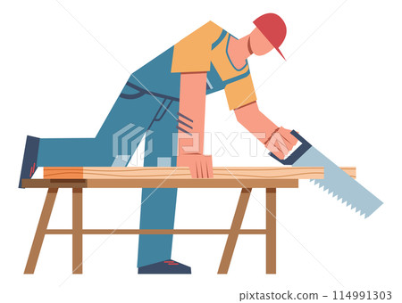 Carpenter working. Man in helmet works with saw in workshop, tools and professional industrial instrument. Male character sawing wood board. Vector cartoon flat isolated carpentry illustration 114991303