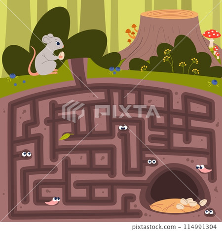 Cartoon animal in labyrinth. Mouse is looking for path in hole to grains, kids educational game, finding right direction. Preschool activity page, worksheet for boys and girls. Vector concept 114991304