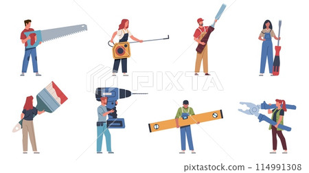 Cartoon tiny craftsmen characters. Repairman in work clothes, men and women with large professional construction tools, drill screwdriver and saw in hands, nowaday vector isolated set 114991308