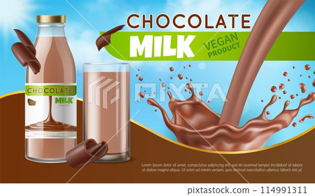 Chocolate milk. Advertising banner with bottle and glass with sweet drink. Cocoa liquid splash and flying drops in motion, confectionery candy beverage, realistic 3d isolated vector concept 114991311