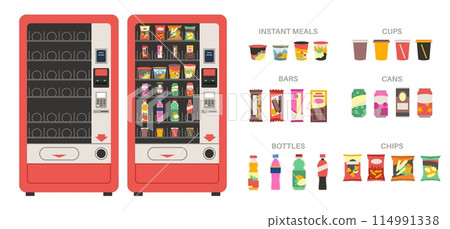 Vintage vending snack machine. Empty and full automatic seller of soda, sweets and chips, quick snack on go, product range, cups cans and bottles, chocolate bars and chips tidy vector set 114991338
