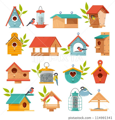 Wooden bird feeders and houses. Cute homemade nests, different designs, bullfinches and tits winter support, places for seeds, cartoon flat style isolated illustration vector birdhouse set 114991341