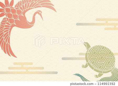 鶴、龜、日本雲背景插畫素材向量敬老日吉祥符長壽日式新年賀卡 114991392