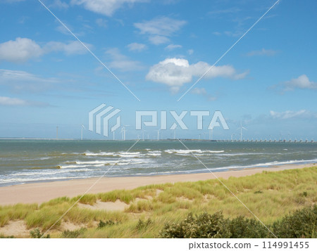 Zeeland, Netherlands - August 2nd 2023: Beautiful beach with sand dunes in front of Oosterscheldekering dam Zeeland, Netherlands - August 2nd 2023: Beautiful beach with sand dunes in front of Oosterscheldekering dam 114991455