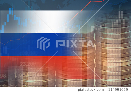 Stock market investment trading financial, coin and Russia flag in Europe or Forex for analyze profit finance business trend data background. 114991659